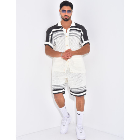 Ensemble ajouré short et chemise à rayures & boutons perles