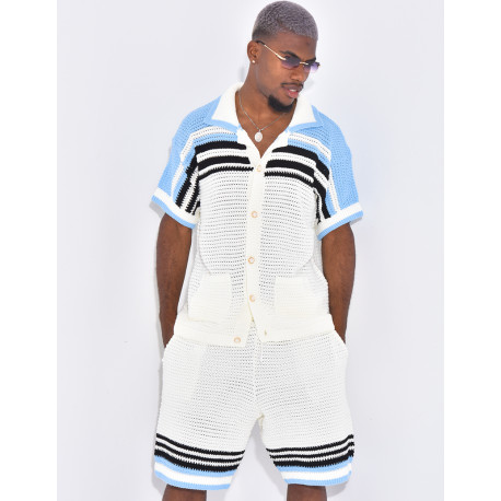 Ensemble ajouré short et chemise à rayures & boutons perles