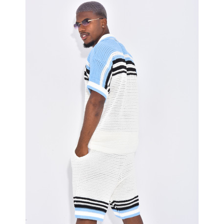 Ensemble ajouré short et chemise à rayures & boutons perles