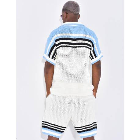 Ensemble ajouré short et chemise à rayures & boutons perles
