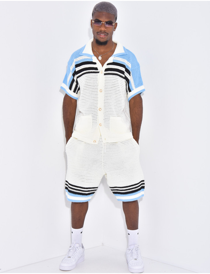 Ensemble ajouré short et chemise à rayures & boutons perles