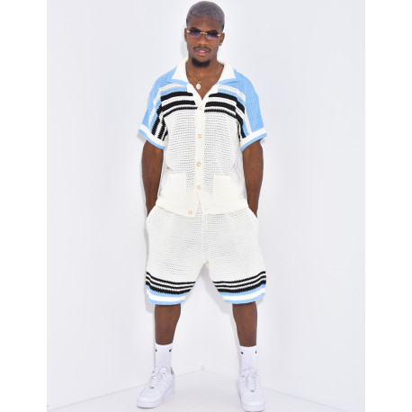 Ensemble ajouré short et chemise à rayures & boutons perles