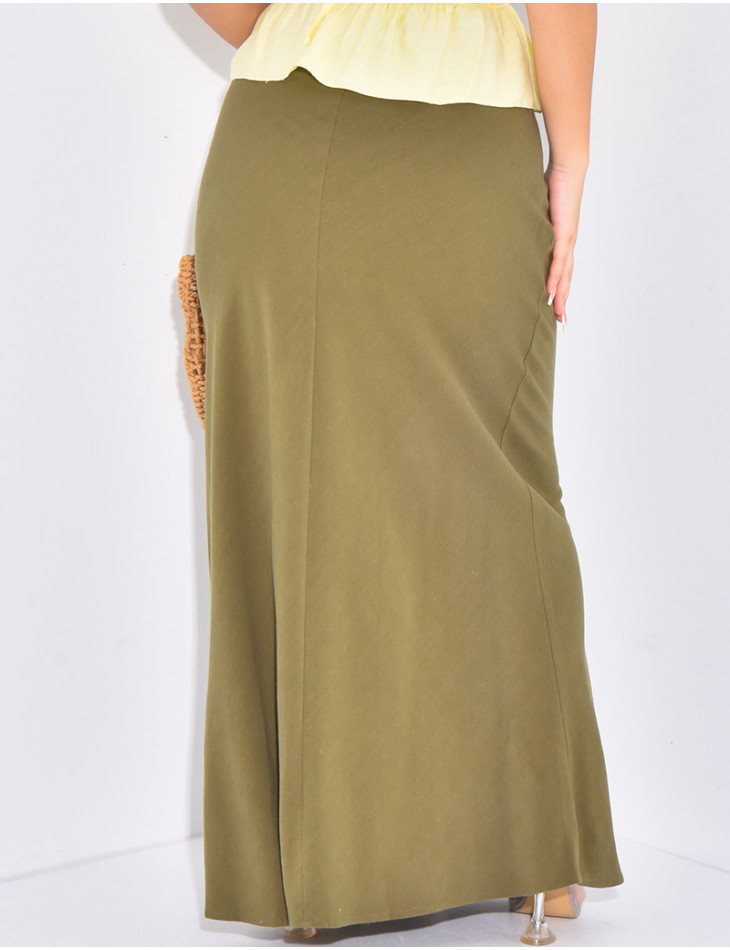 Extra-long, high-waisted linen skirt