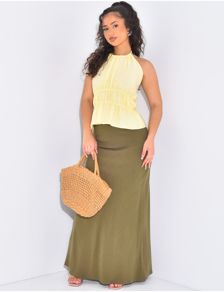 Extra-long, high-waisted linen skirt