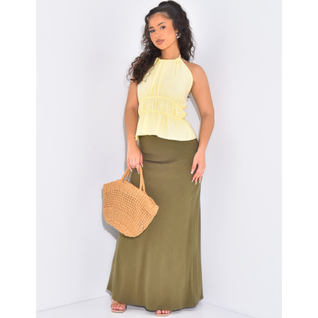 Extra-long, high-waisted linen skirt