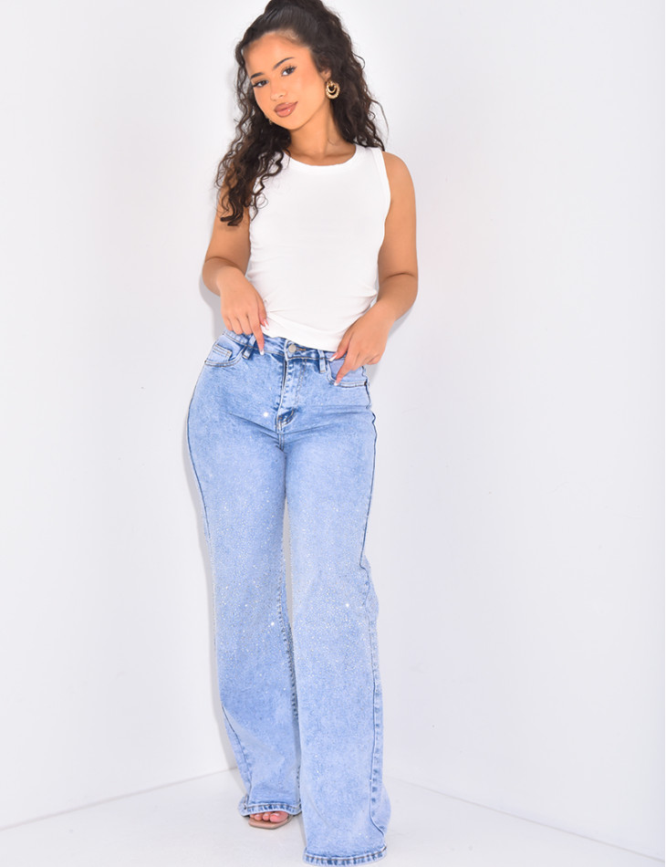 Stretchy straight-leg jeans with rhinestones