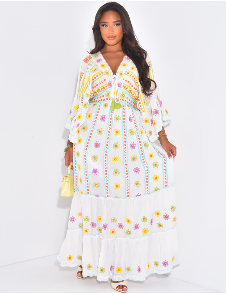 Long bohemian dress with embroidery and mirror-effect inserts