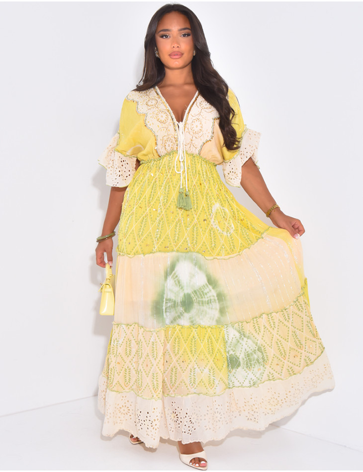 Long bohemian dress with embroidery and beads