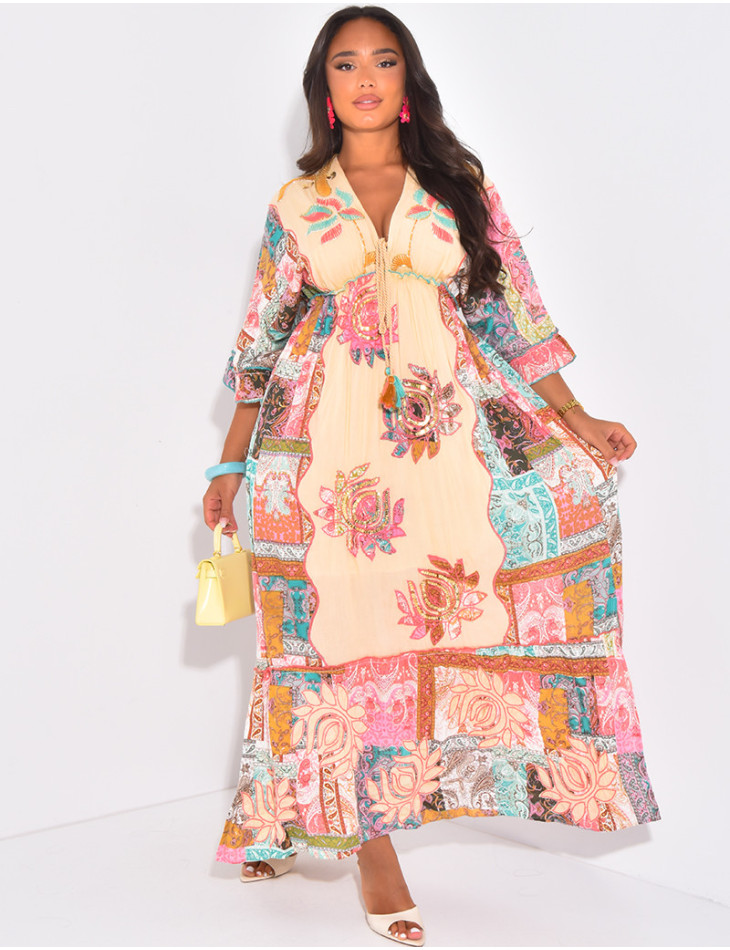 Long printed bohemian dress with embroidery