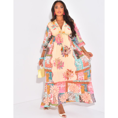 Long printed bohemian dress with embroidery