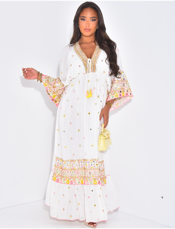 Long bohemian dress with embroidery and beads