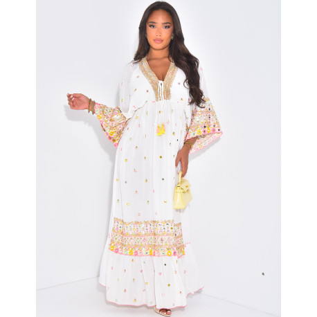 Long bohemian dress with embroidery and beads