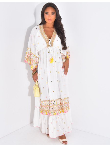 Robe bohème longue à broderies et perles