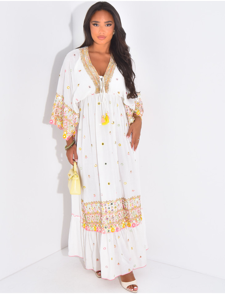 Robe bohème longue à broderies et perles