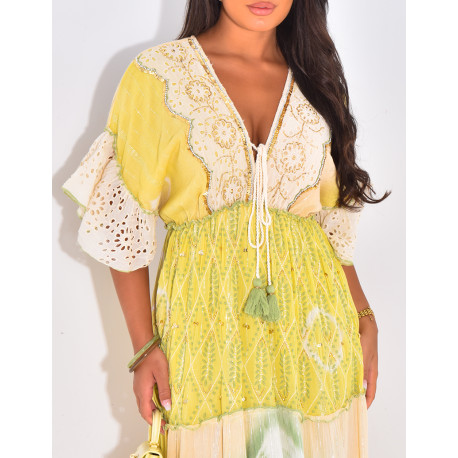 Robe bohème longue à broderies et perles