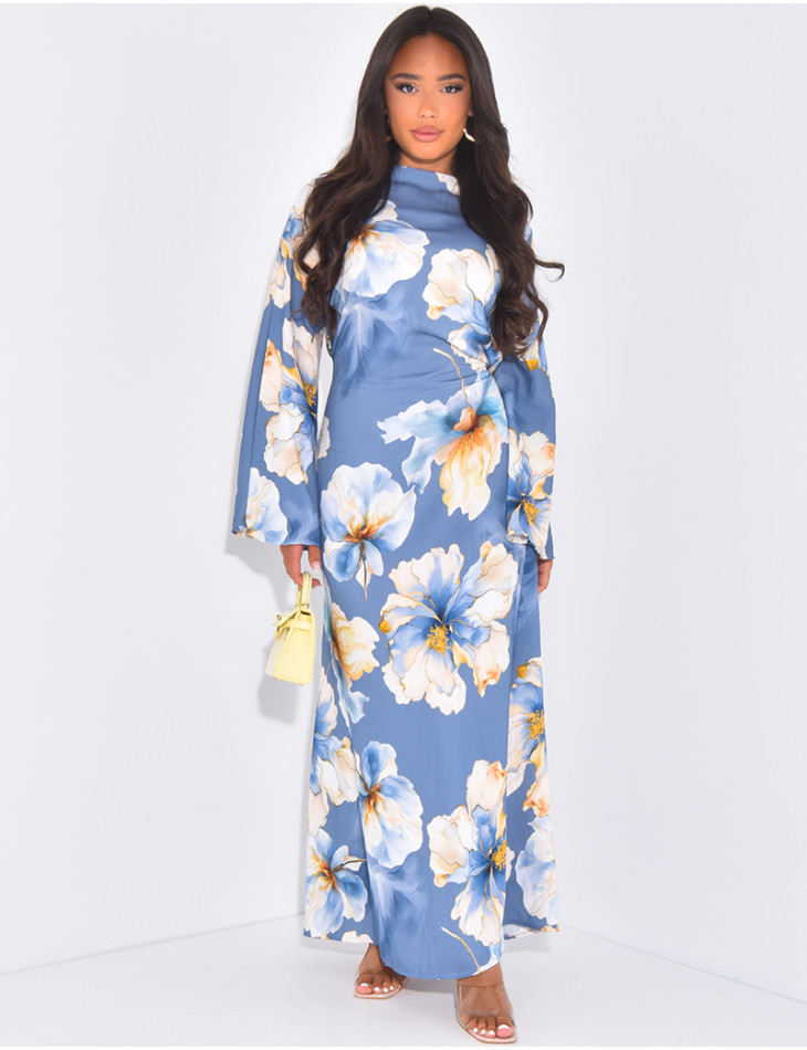 Langes Kleid in Leinenoptik mit Blumenmuster, das im Rücken zu binden ist.