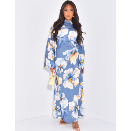 Langes Kleid in Leinenoptik mit Blumenmuster, das im Rücken zu binden ist.