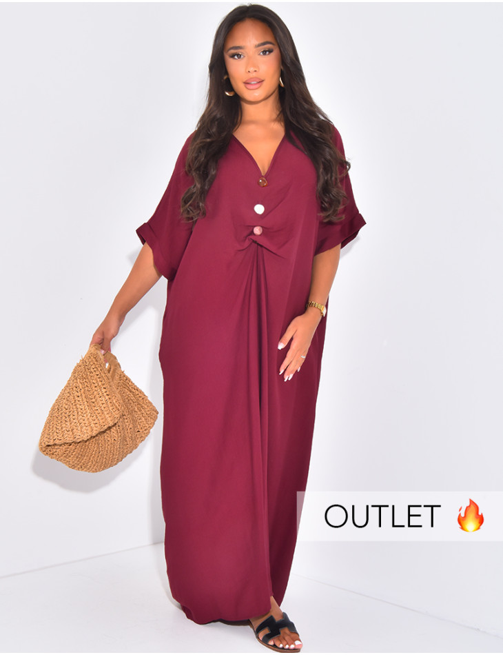 Long, loose-fitting linen-effect dress with beaded collar