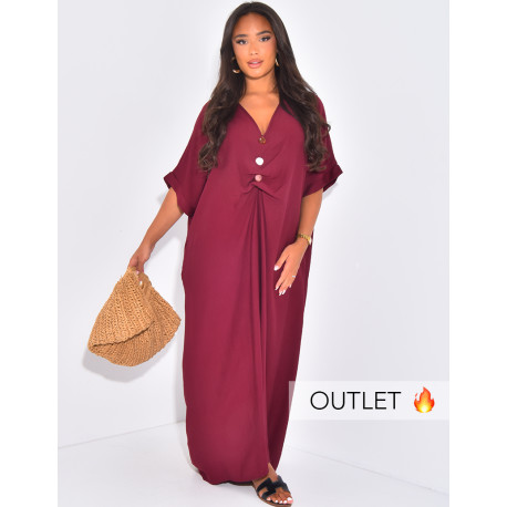 Long, loose-fitting linen-effect dress with beaded collar