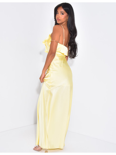 Longue robe en satin à empiècement fleur et volants