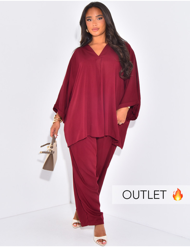 Ensemble pantalon droit et blouse col v en tissu fluide