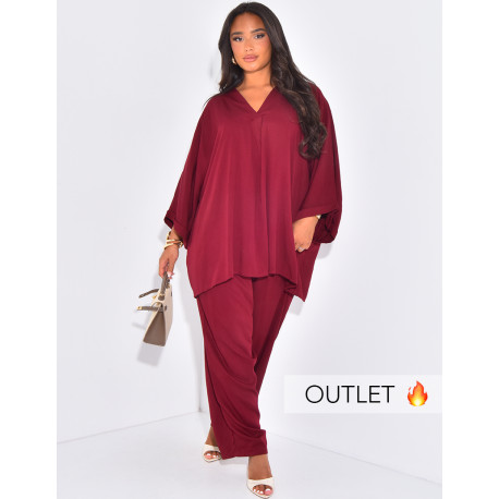Ensemble pantalon droit et blouse col v en tissu fluide