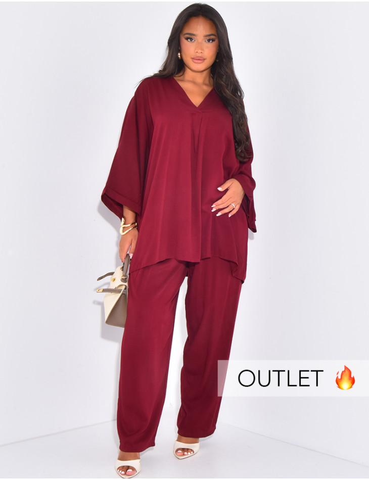 Ensemble pantalon droit et blouse col v en tissu fluide
