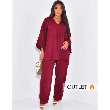 Ensemble pantalon droit et blouse col v en tissu fluide