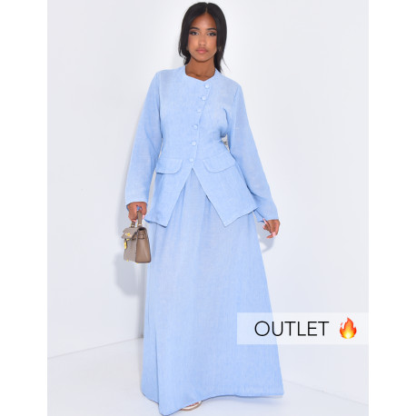 Ensemble effet lin blazer boutonnée à nouer dans le dos et jupe longue