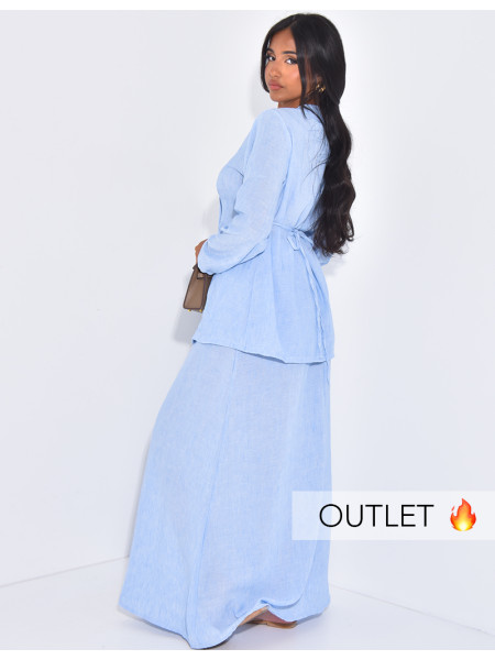 Set Leinen-Effekt Blazer mit Knöpfen, die im Rücken gebunden werden, und langer Rock.