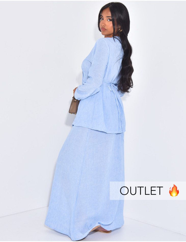 Set Leinen-Effekt Blazer mit Knöpfen, die im Rücken gebunden werden, und langer Rock.