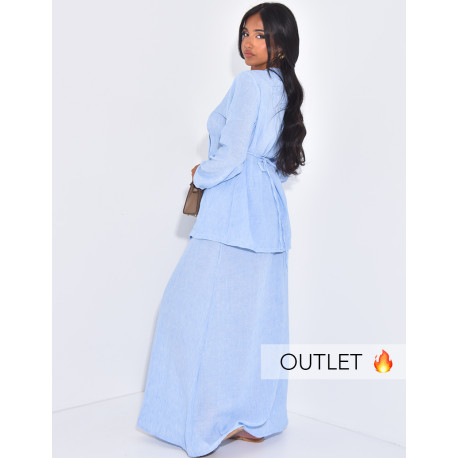 Set Leinen-Effekt Blazer mit Knöpfen, die im Rücken gebunden werden, und langer Rock.