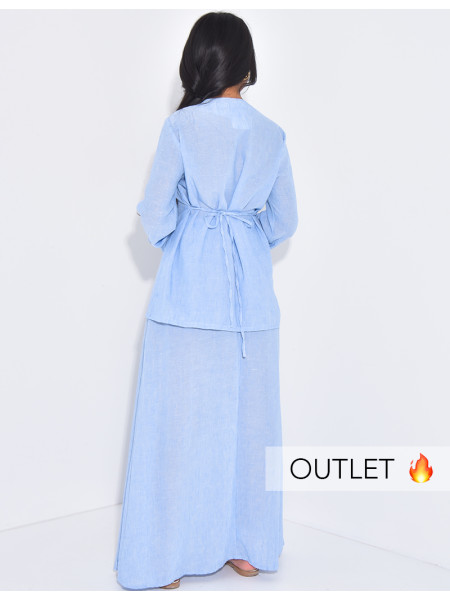 Set Leinen-Effekt Blazer mit Knöpfen, die im Rücken gebunden werden, und langer Rock.