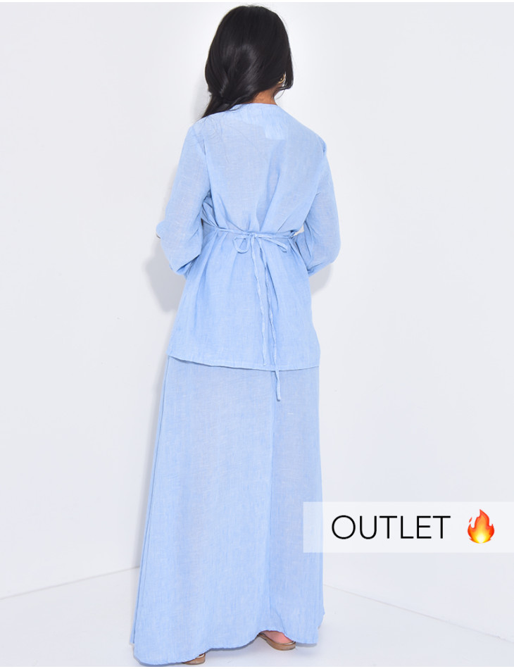 Set Leinen-Effekt Blazer mit Knöpfen, die im Rücken gebunden werden, und langer Rock.