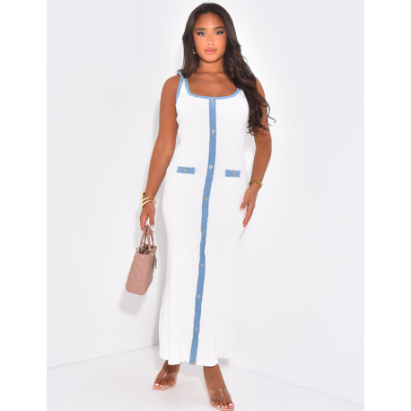 Robe sans manche côtelée à bordures contrastantes en jeans