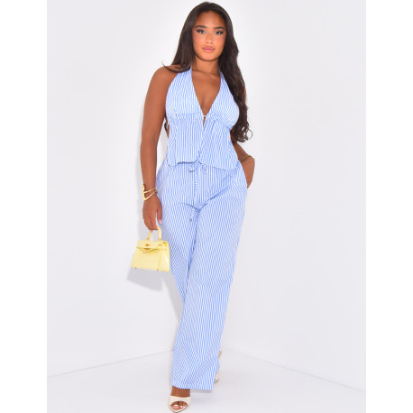 Gestreifte Hose und rückenfreies Crop-Top-Set