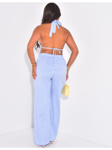 Striped pants and backless crop top set