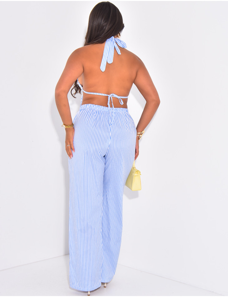 Striped pants and backless crop top set