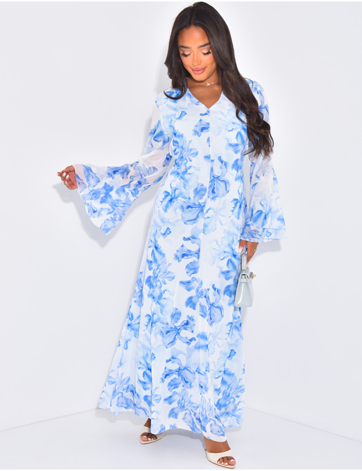 Floral voile long dress, lined to fit