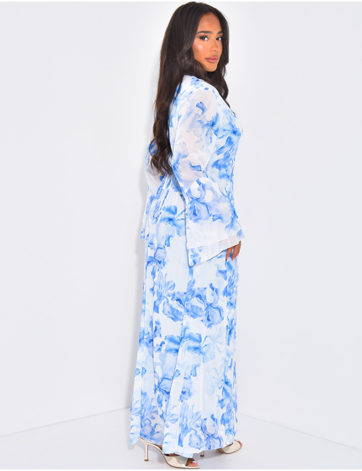 Robe longue en voile fleuri doublée à ajuster