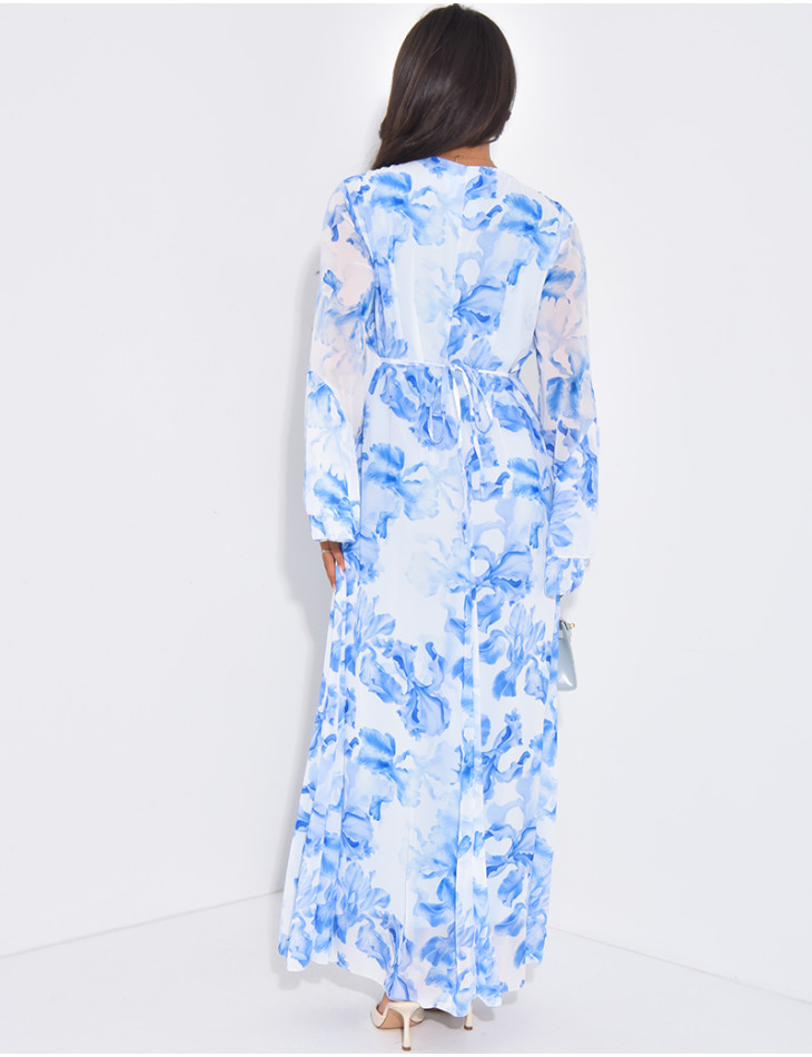 Robe longue en voile fleuri doublée à ajuster