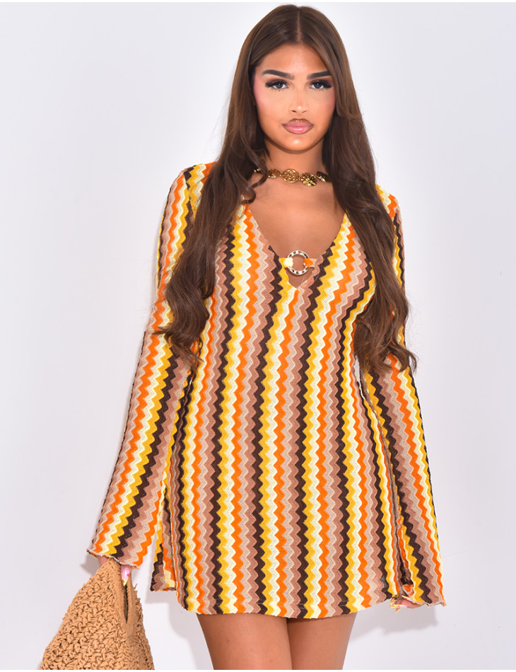 Multicolored crochet V-neck mini dress