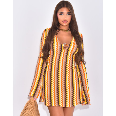 Multicolored crochet V-neck mini dress