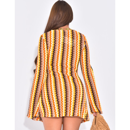 Mehrfarbiges Häkel-Minikleid mit V-Ausschnitt