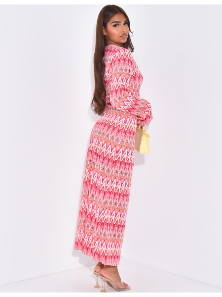 Long multicolored crochet dress with ring detail at the neck