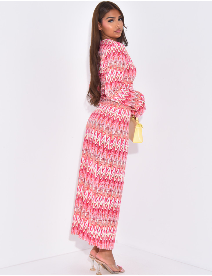 Long multicolored crochet dress with ring detail at the neck