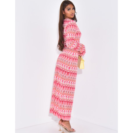 Long multicolored crochet dress with ring detail at the neck