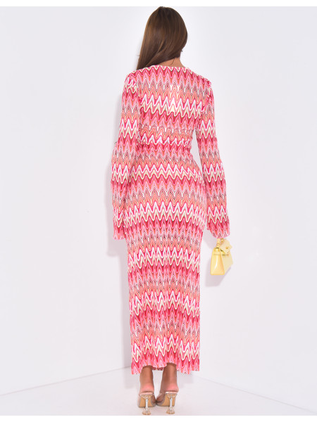 Long multicolored crochet dress with ring detail at the neck