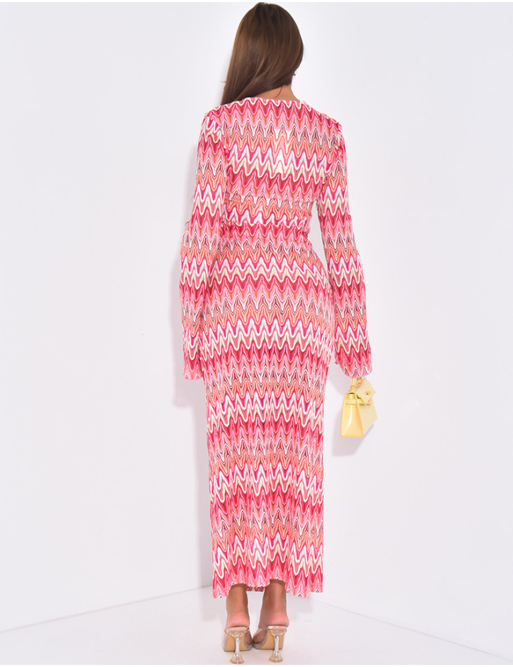 Long multicolored crochet dress with ring detail at the neck