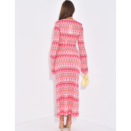 Long multicolored crochet dress with ring detail at the neck